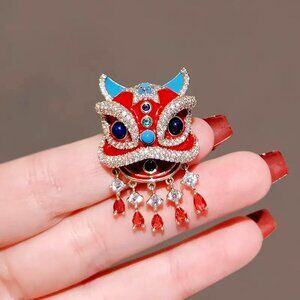 Fabulous Enamel And Rhinestone Red Chinese • Lion Brooch